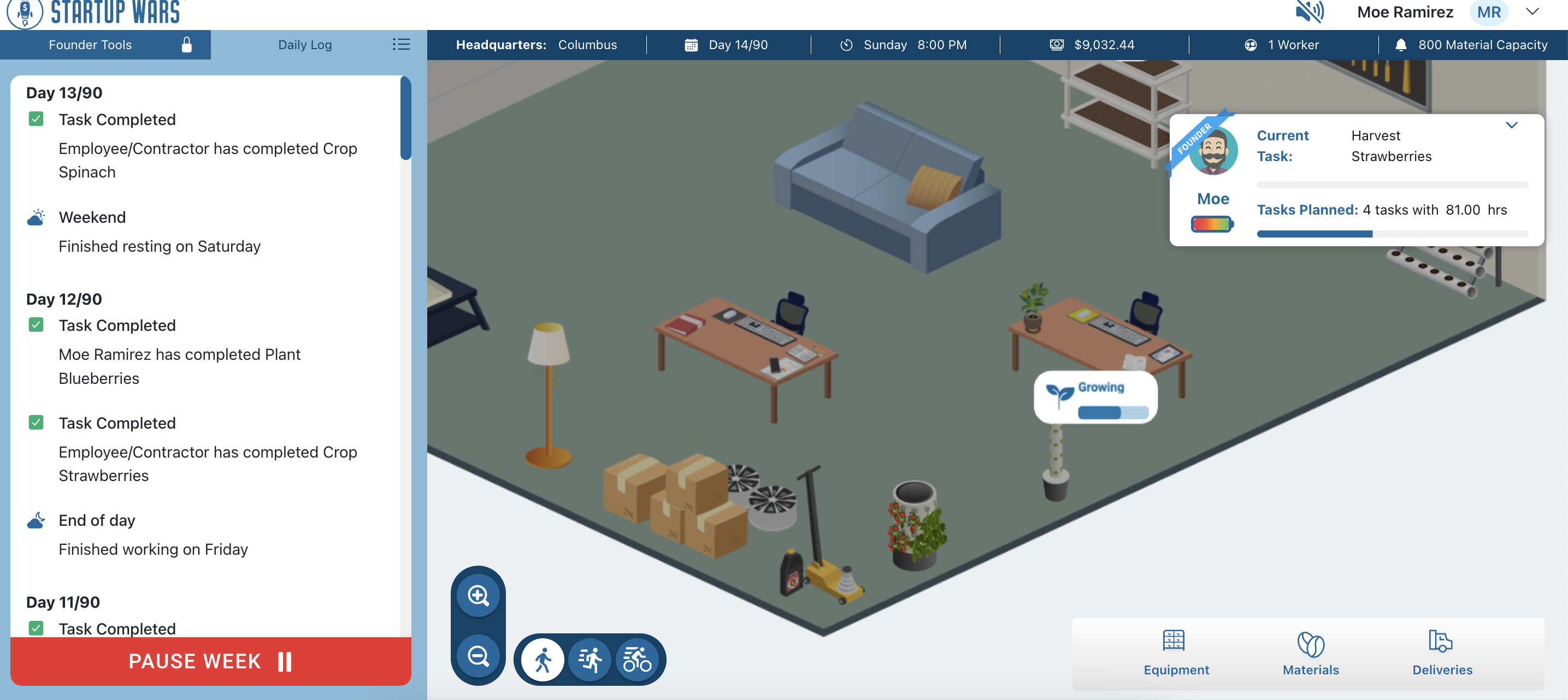 Screenshot from the Startup Wars business simulation game showing task management and progress tracking within a vertical farming scenario. The image displays completed tasks such as planting and harvesting crops, along with a character named Moe Ramirez currently working on harvesting strawberries. The interface includes a log of completed tasks, a growing plant, and office equipment, all within a simulated entrepreneurship environment